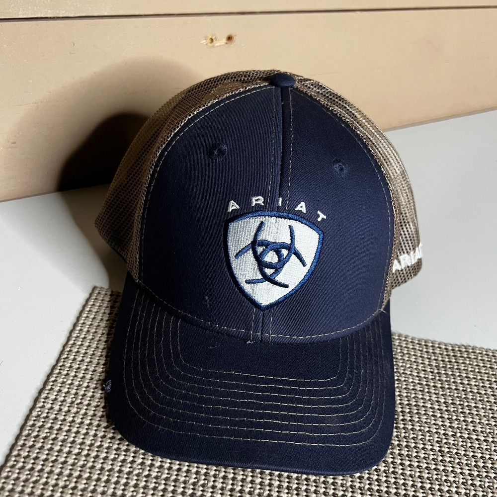 Ariat Mens Navy Blue Tan Mesh Back Trucker Hat Snapback Shield Logo Cap